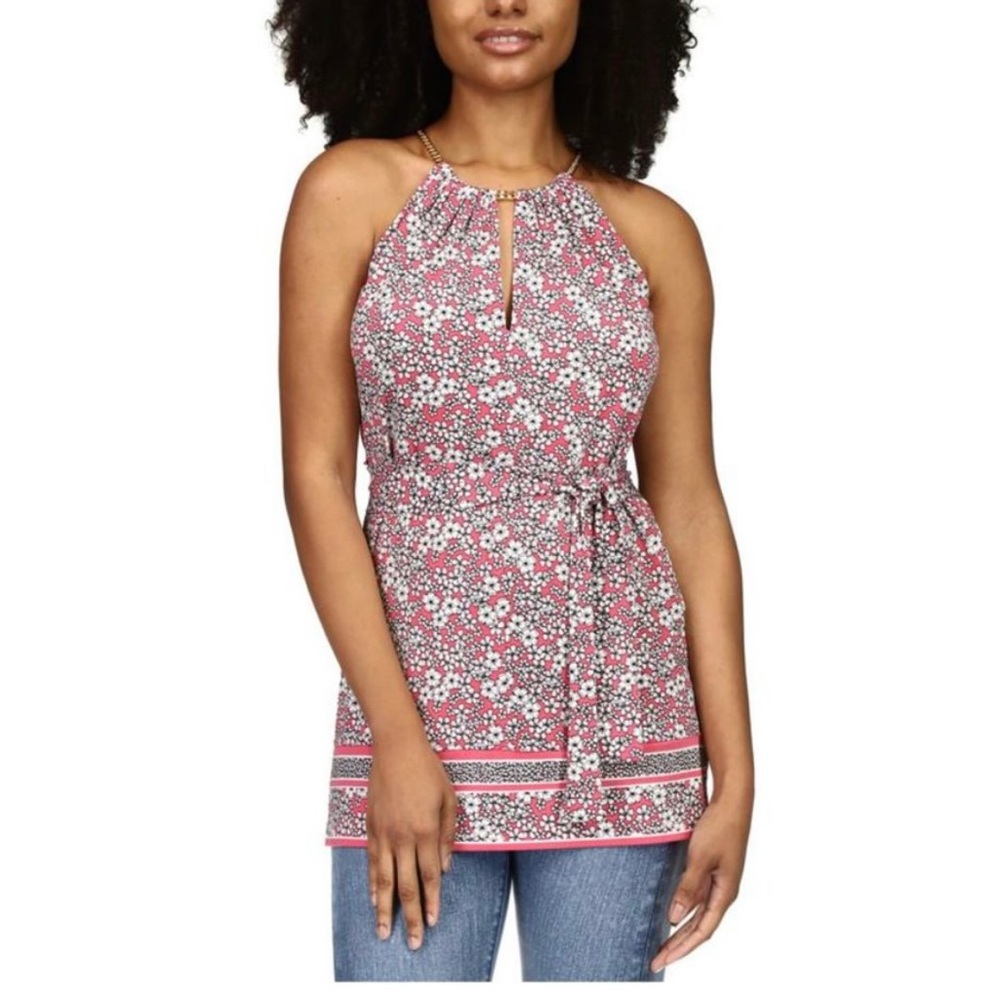MICHAEL KORS Womens Pink Keyhole Chain Self Tie Belt Sleeveless Halter Top SMALL
